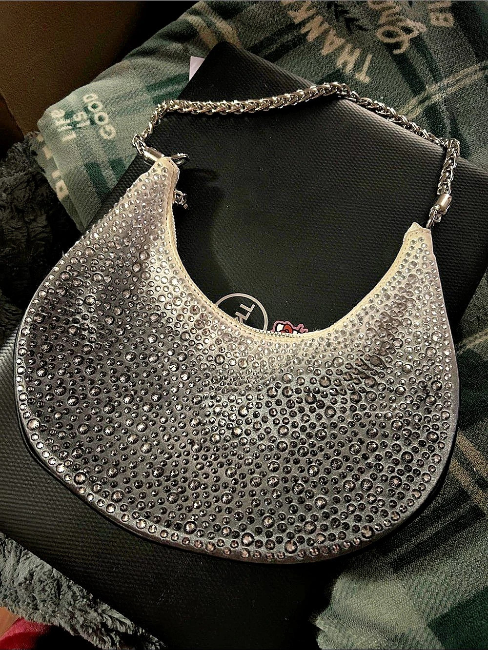 Nina Cally Half Moon Crystal Rhinestone Netting Bag Silver to black ombré